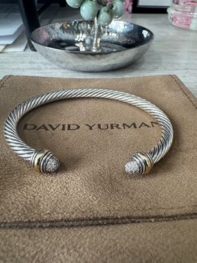 David Yurman Two-Tone Cable Cuff Bracelet with Pavé Tips - Silver and Gold